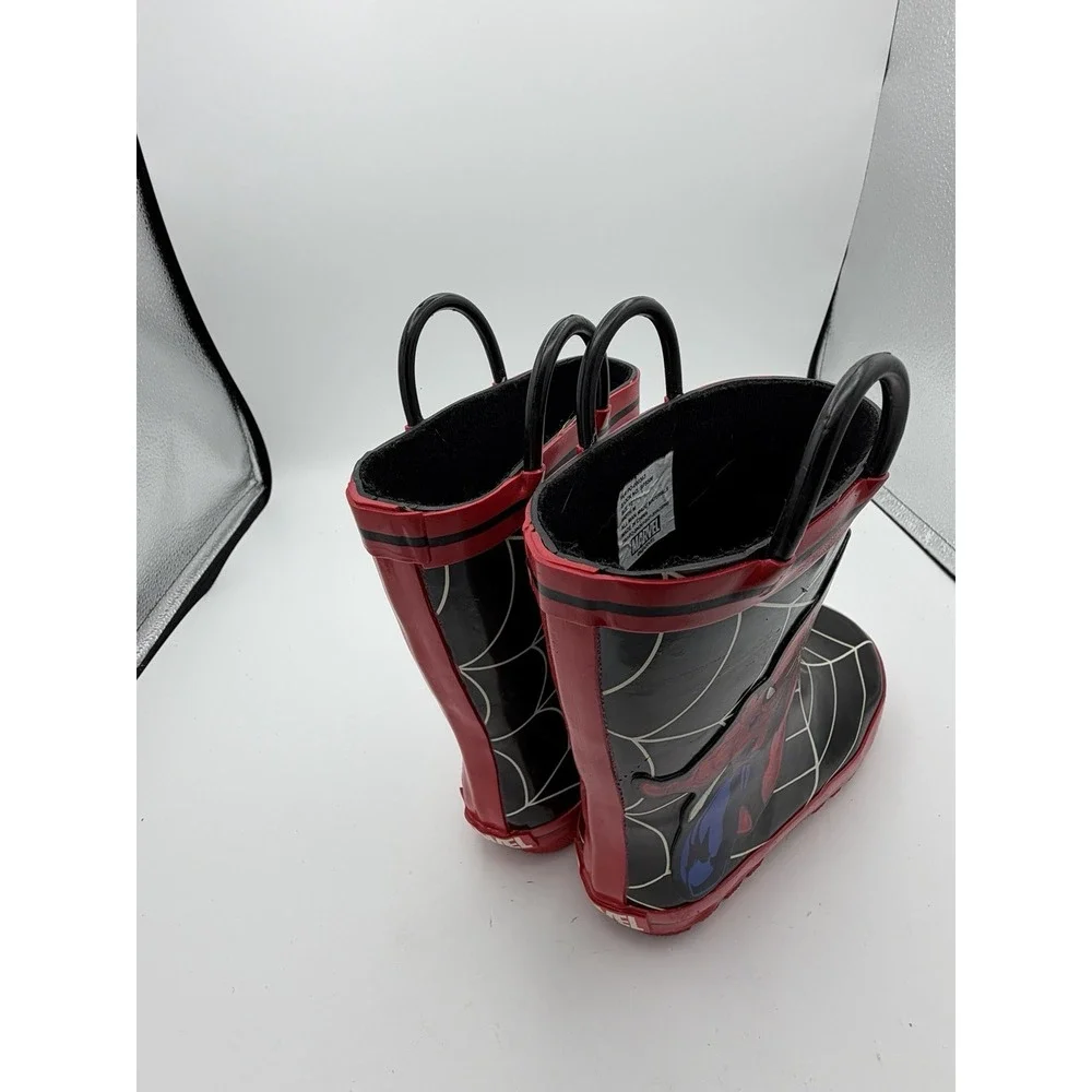 Marvel Spider-Man Kids Rain Boots Size 10 M Black Red Pull Handles.       1789